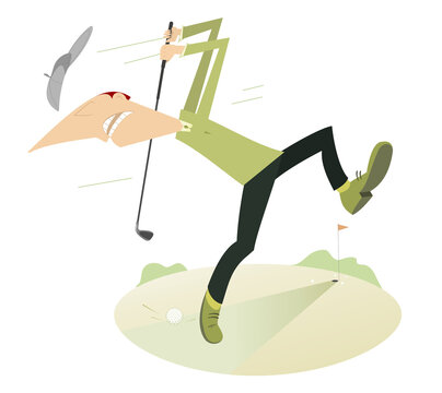 Cartoon golfer man on the golf course illustration. Funny angry golfer with a golf club tries to do a good kick isolated on white