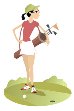Young woman a golfer on the golf course illustration. Cartoon golfer woman in sunglasses with a golf bag on the shoulder isolated on white