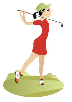 recommend clip art: Young golfer woman on the golf course illustration. Pretty golfer woman with a golf club tries to do a good kick isolated on white
