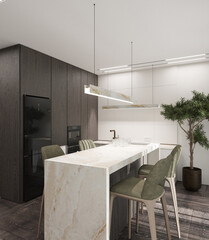 Bright kitchen living room. 3D render. Interior visualization. Illustration.