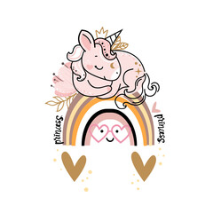 Cute unicorn sleep on the rainbow in boho style. Vector cartoon illustration. Nursery, greeting card, poster, baby shower