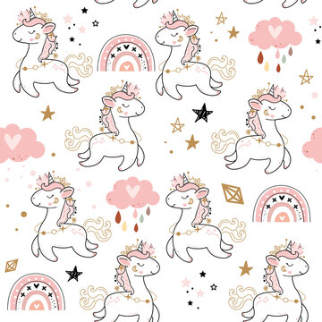 Cute unicorn, rainbow and cloud in boho style seamless pattern. Vector cartoon illustration. Nursery, greeting card, poster, baby shower