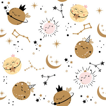 Funny planets, moon and stars seamless pattern in boho style. Vector illustration for kids
