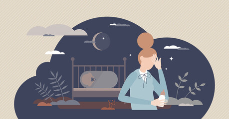 Baby blues or postpartum depression as emotional sadness cause tiny person concept. Female psychological feelings with mental frustration and anxiety emotions after newborn birth vector illustration.