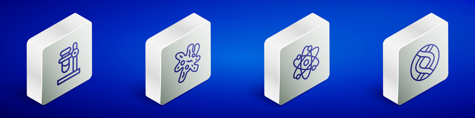 Set Isometric line Test tube flask on stand, Cell, Atom and DNA symbol icon. Vector