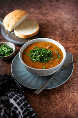 The national dish of Georgian cuisine is kharcho soup, bread and greens. The background is brown, vertical orientation, side view.