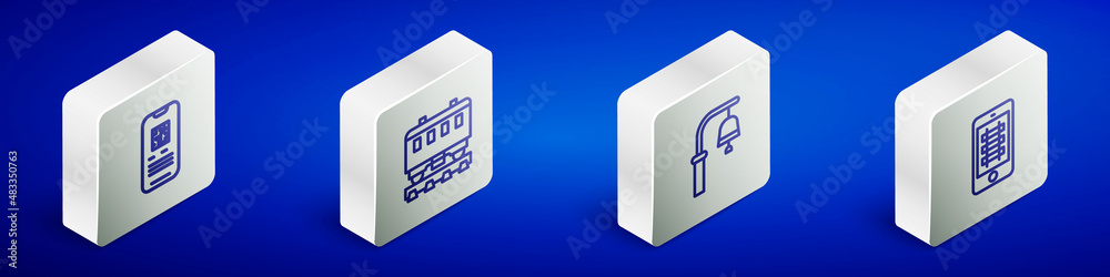 Poster set isometric line e-ticket train, passenger cars, train station bell and buy online icon. vector