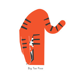 Vector isolated illustration with cartoon character having yoga practice - Padangusthasana. Asian tiger learns Big toe pose. Geometric flat concept about core fitness exercise with forward bend