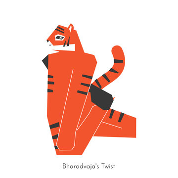 Vector isolated flat illustration with cartoo  animal doing yoga practice - Bharadvajasana I. Chinese tiger learns Bharadvaja's twist pose. Simplified concept with basic sport exercise to be healthy