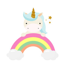 Magic Cute Unicorn with rainbow. Vector illustration Cartoon. For kids stuff, card, posters, banners, children books, printing on the pack, printing on clothes, fabric, wallpaper, textile or dishes.