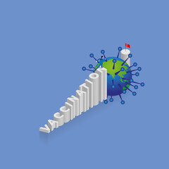 A man runs and steps up a stair. Staircase is text word VACCINATION, arrange in alphabet order with red flag on top. The concept of overcome obstacle, economic crisis, and pandemic of virus COVID-19.