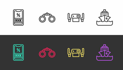 Set line Cruise ticket, Binoculars, Poker table and ship on black and white. Vector