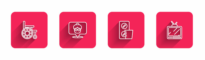 Set line Wheelchair, Nursing home, Pills blister pack and Retro tv with long shadow. Red square button. Vector