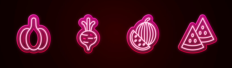 Set line Garlic, Beet, Watermelon and . Glowing neon icon. Vector