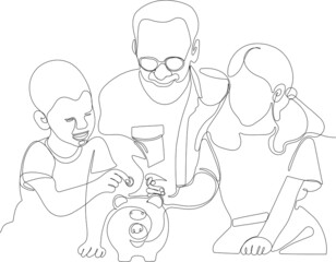 Fototapeta na wymiar Continuous one line drawing of aged man giving piggy-bank to boy and girl while showing grandchildren how to save money at home for your minimal design. Vector illustration