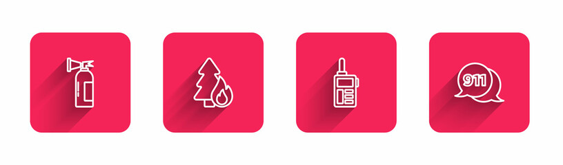 Set line Fire extinguisher, Burning forest tree, Walkie talkie and Telephone call 911 with long shadow. Red square button. Vector