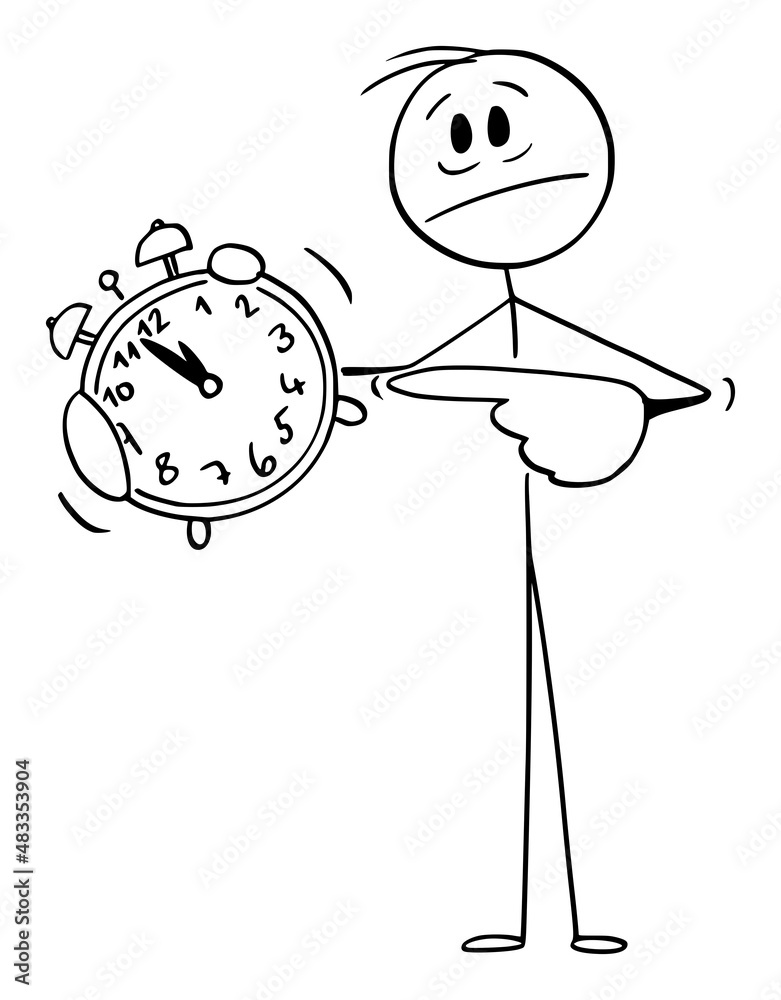 Sticker Frustrated Person Holding and Pointing at Alarm Clock, Vector Cartoon Stick Figure Illustration