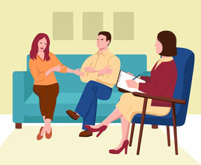 Married couple at a psychotherapist's appointment. Upset woman speaks and points at the man. Psychologist listens and makes notes on paper. Vector illustration in flat style