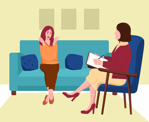Woman at a psychotherapist's appointment. Girl sits on the couch and talks about her problems. The psychologist makes notes on paper. Vector illustration in flat style