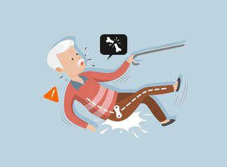 Falling elderly people. Dizzy senior fall down on floor, old person slip stumble flooring, injury accident elder man fracture risk falls grandfather.