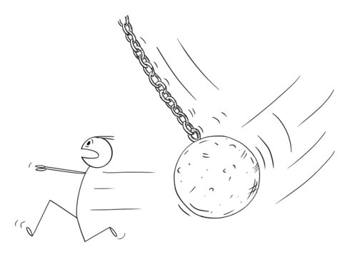 Person Running In Panic From Wrecking Ball , Vector Cartoon Stick Figure Illustration