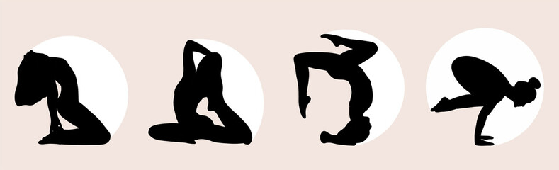 Bundle of woman demonstrating various yoga positions isolated on light background. Flat vector illustration.	