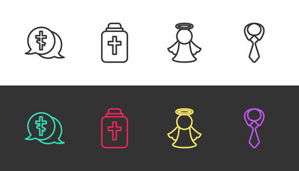 Set line Grave with cross, Funeral urn, Angel and Tie on black and white. Vector