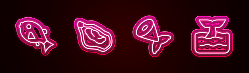 Set line Tropical fish, Mussel, Fish tail and Whale in ocean wave. Glowing neon icon. Vector