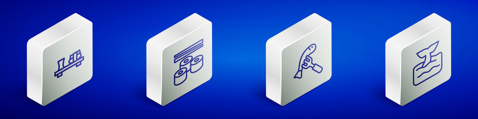 Set Isometric line Sushi on cutting board, , Served fish plate and Whale tail ocean wave icon. Vector