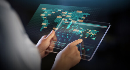 virtual reality, people and technology concept - close up of hands holding transparent tablet pc computer with files hologram