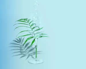 Photo sur Plexiglas Monstera Summer holiday relax composition with empty wine glass with a glowing garland on a blue background with palm branches shade and copy space. Romantic background with wine glass. Summer romantic party
