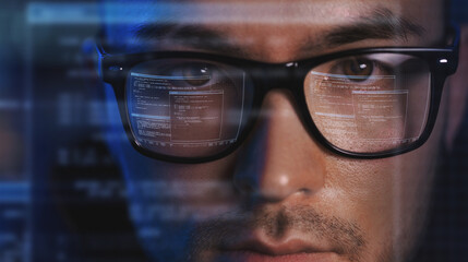virtual reality, hacking and programming concept - close up of asian male hacker's face in vr glasses with computer program projection - Powered by Adobe