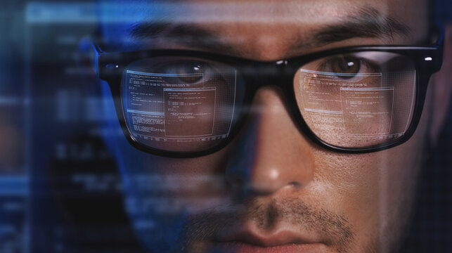 virtual reality, hacking and programming concept - close up of asian male hacker's face in vr glasses with computer program projection
