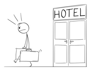 Unhappy Guest, Client or Tourist is Leaving Hotel , Vector Cartoon Stick Figure Illustration - obrazy, fototapety, plakaty