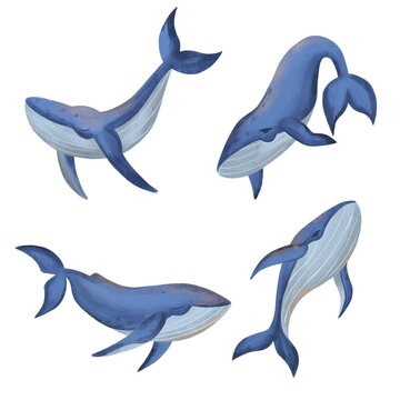 Set of cute celestial whales on isolated background. Watercolor illustration.