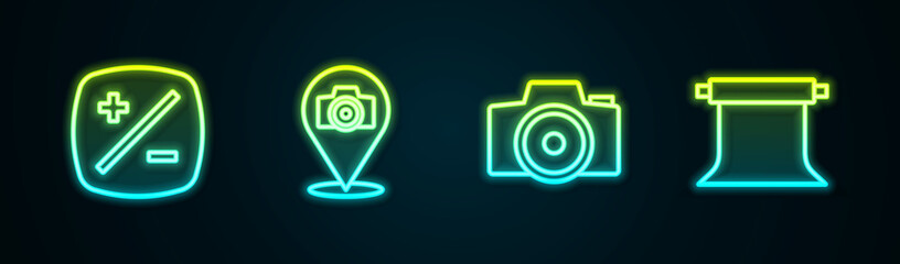 Set line Exposure compensation, Photo camera, and Empty photo studio. Glowing neon icon. Vector
