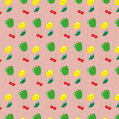 Fruits, lemon, apple, cherry on the pink background, wallpaper 