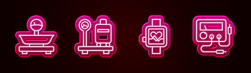 Set line Scales, with suitcase, Smart watch and Multimeter, voltmeter. Glowing neon icon. Vector