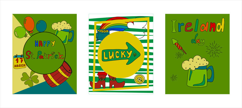 St. Patrick s Day greeting cards with hand-drawn pictures. A doodle of beer, Ireland, pub, bar, party. Template for a postcard, invitation, advertisement or banner for the Irish holiday of March 17
