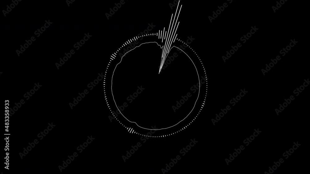Poster Animated white sound spectrum with bands in a circle on a black background. Animated round equalizer. Sound animation. Visualization of a sound graphic element. 4k.	
