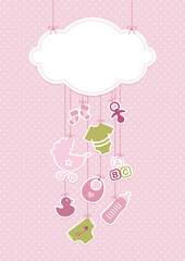 Karte Hängende Wolke Und Babysymbole Mädchen Rosa Olivgrün Punkte