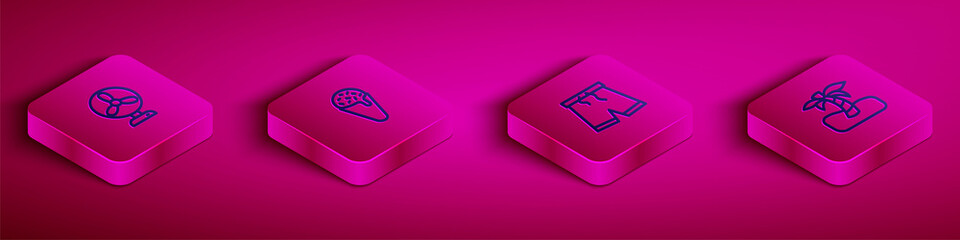 Set Isometric line Electric fan, Ice cream in waffle cone, Swimming trunks and Tropical palm tree icon. Vector