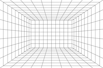3d digital grid of room space with one point perspective. White empty geometric cyberspace studio background. Virtual three dimension scene. Easy guide architecture template
