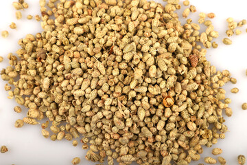 Dried thyme photo from above on white background.