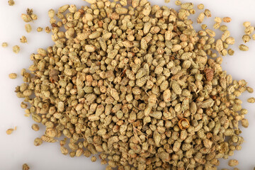 Dried thyme photo from above on white background.