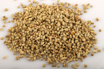 Dried thyme photo from above on white background.