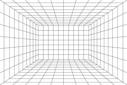 3d Digital Grid Of Room Space With One Point Perspective. White Empty Geometric Cyberspace Studio Background. Virtual Three Dimension Scene. Easy Guide Architecture Template