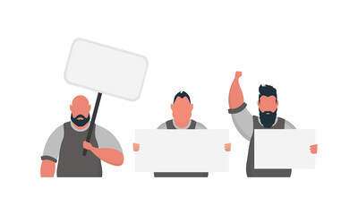 Protesting men with a banner. Isolated. Flat style, vector.