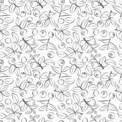 Seamless pattern with leaves and blueberries. Line drawing. Lines have different widths. Black-white. Vector graphics