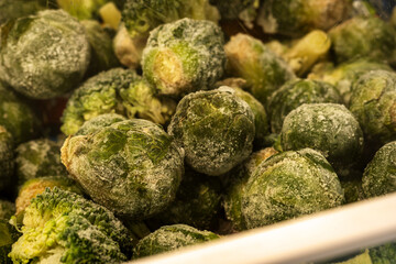 frozen broccoli florets and brussel sprouts inside freezer fridge closeup